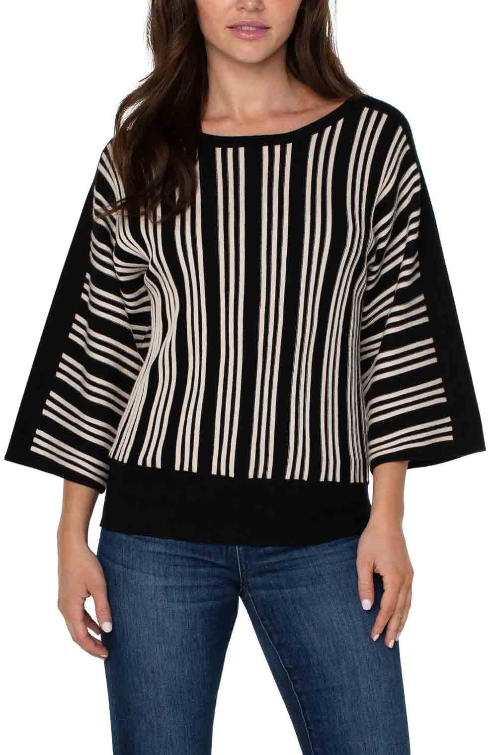 Womens Liverpool 3/4 Length Dolman Top in Blk/Ecru Stripe