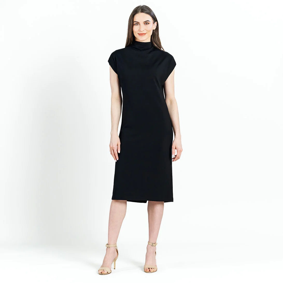 Womens Clara Sun Woo Lightweight Ponte High Neck Cap Sleeve Midi Dress in Black