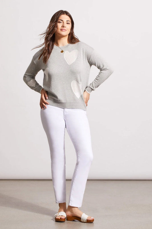 Womens Tribal Pointelle Heart Crewneck Sweater in Light Grey Mix