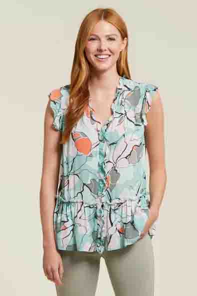 Womens Tribal Frilled Sleeveless Blouse in Jade