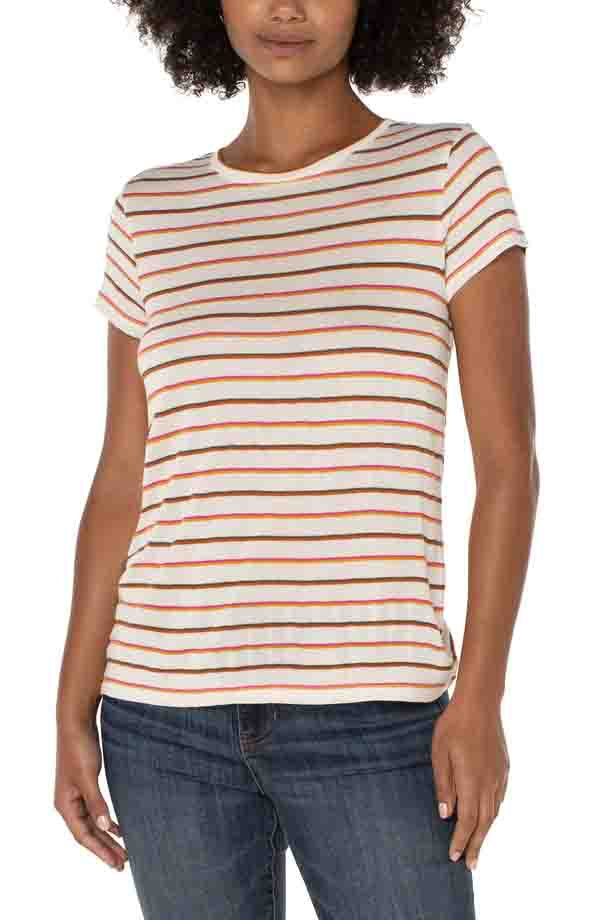 Womens Liverpool Slim Fit Crew Neck Tee in Red/Orange/White Stripe