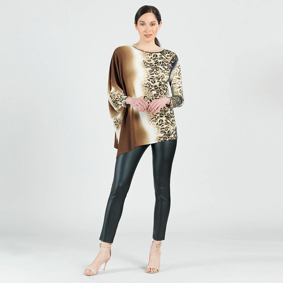 Womens Clara Sun Woo Poncho Sleeve Sweater Tunic in Animal Ombre