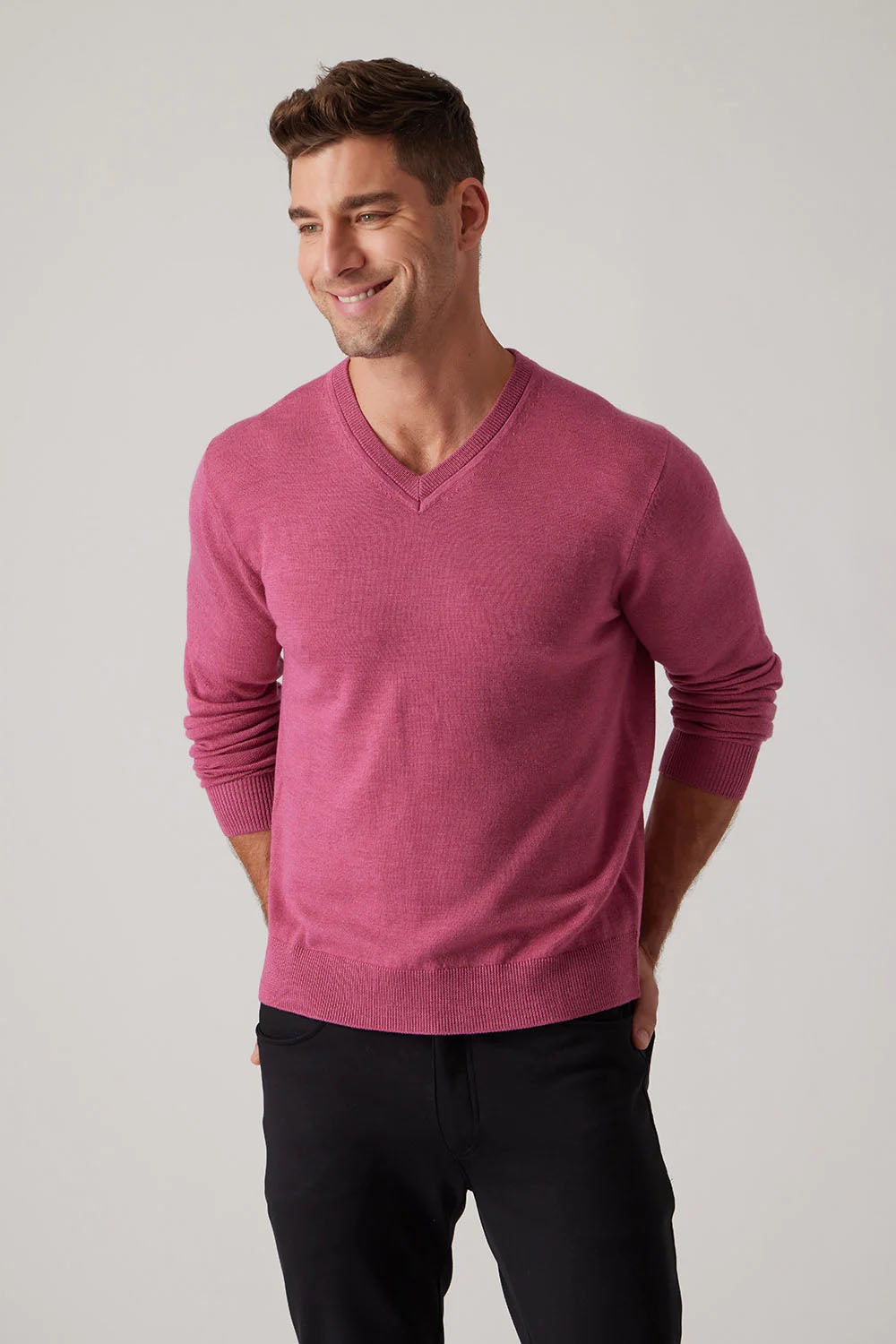 Raffi Brunson V-Neck Merino Wool Sweater in Rosewater