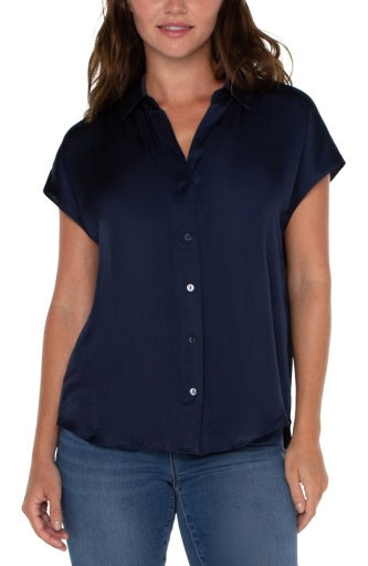 Womens Liverpool Button Front Dolman Sleeve Blouse in Dark Navy