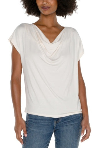 Womens Liverpool Short Sleeve Knit Top with Draped Cowl Neck in French Cream