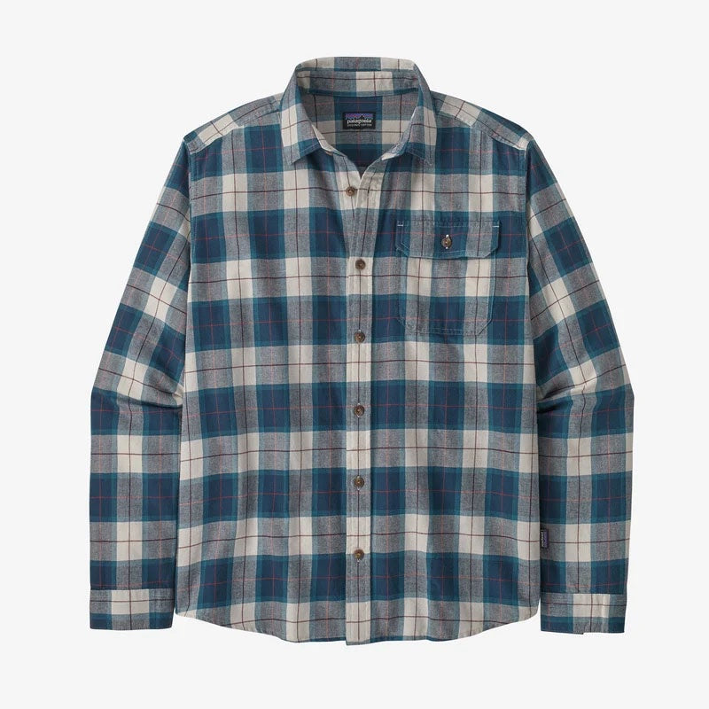 Patagonia Mens L/S Cotton in Conversion LW Fjord Flannel Shirt in Beach Plaid: Tidepool Blue