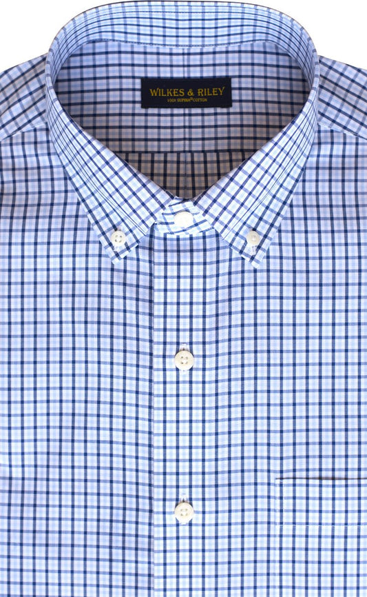 Wilkes and Riley Classic Fit Broadcloth Dress Shirt in Sky-Navy Tattersall