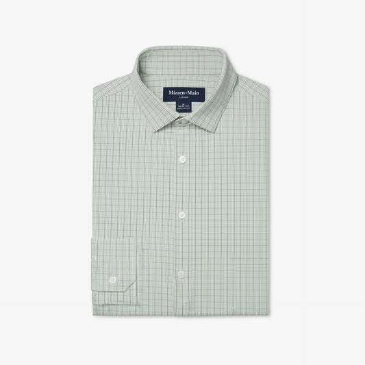 Mizzen + Main Leeward Trim Fit No Tuck Short Sleeve Sportshirt in Eucaluptus Mini Plaid