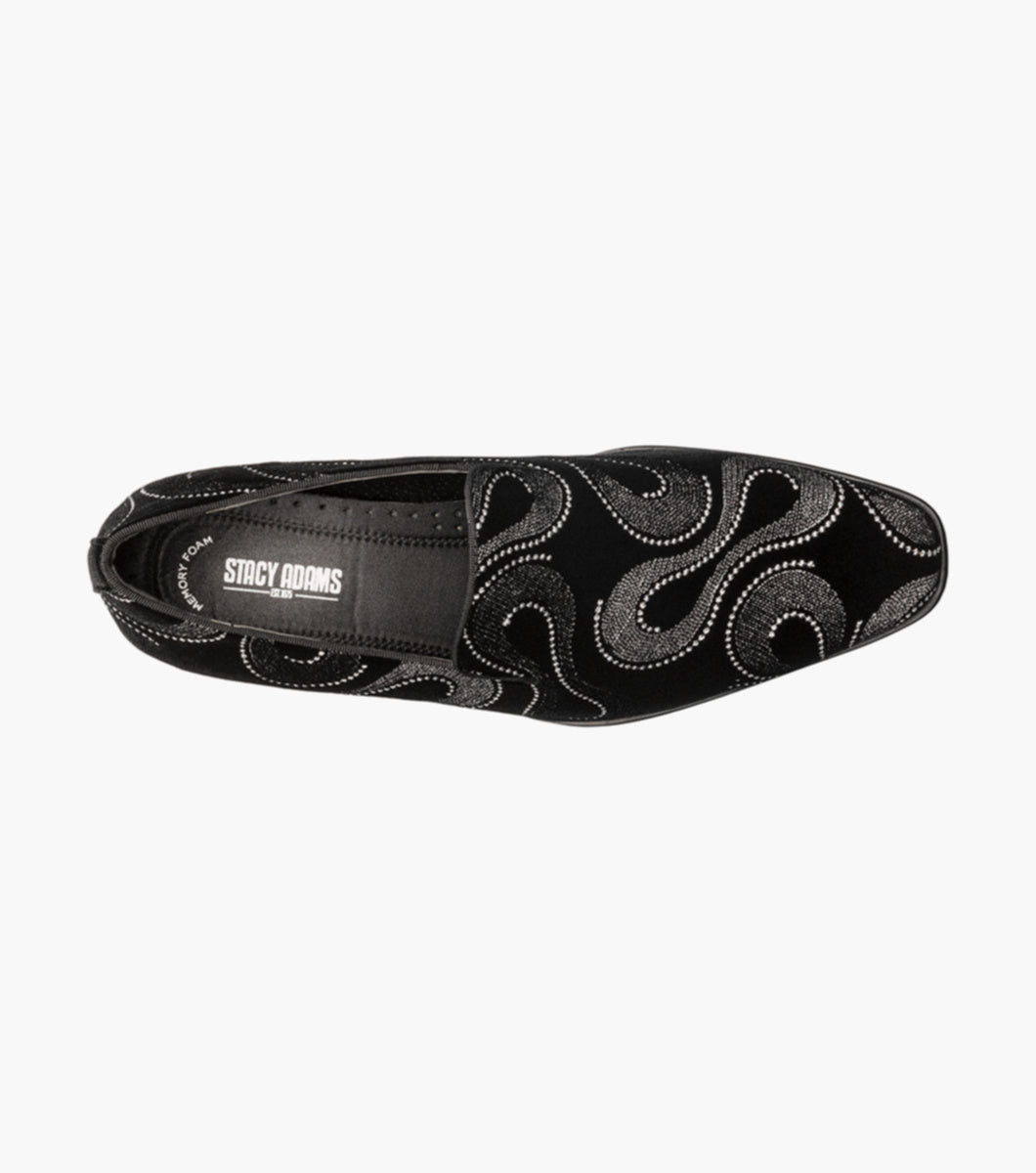 Stacy Adams Swainson Plain Toe Embroidered Slip On in Black/Silver