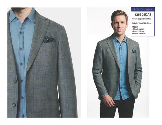 Giles and Jasper Wool Blend Sportcoat in Sage/Blue Plaid