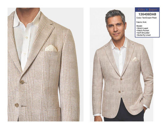 Giles and Jasper Knit Sportcoat in Tan/Cream Plaid