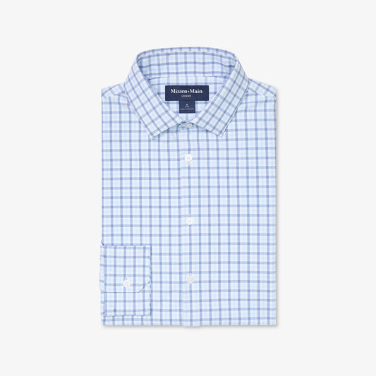 Mizzen + Main Leeward Trim Fit Short Sleeve Sportshirt in Cloud Blue Miles Plaid