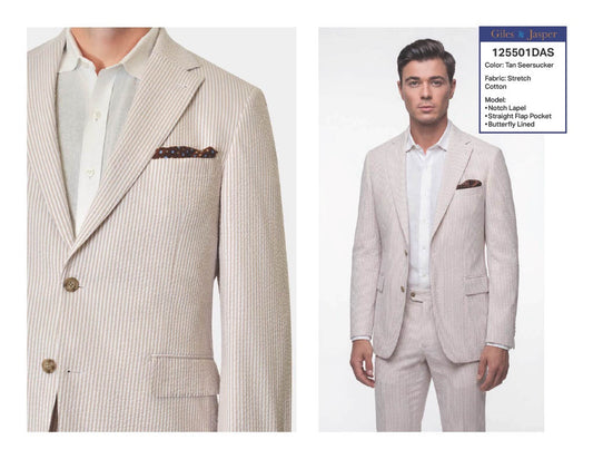 Giles & Jasper Lightweight Suit in Tan Seersucker