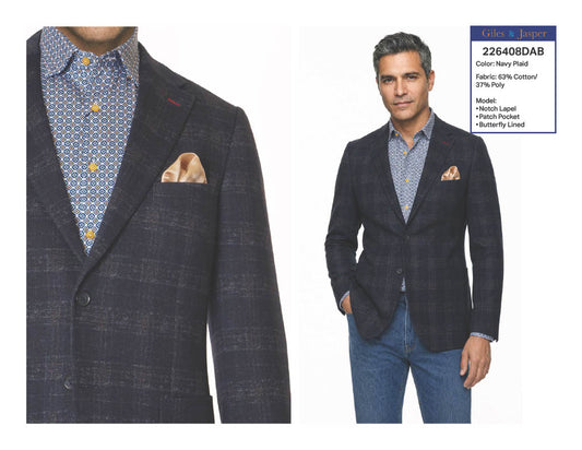 Giles and Jasper Cotton Blend Sportcoat in Navy Plaid