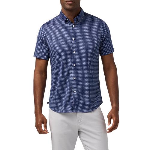 Mizzen + Main Halyard Trim Fit Short Sleeve Sportshirt in Midnight Navy Circle Dash