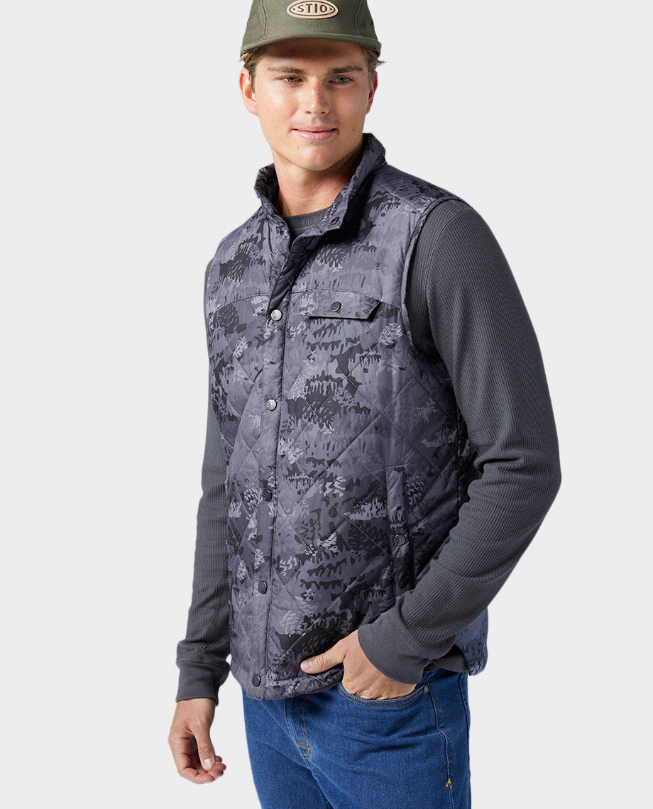 Stio Mens Skycrest Insulated Vest in Steel Pony Whitebark Camo