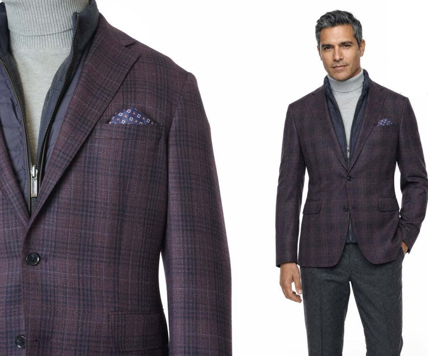 Giles and Jasper Wool Sportcoat in Burgandy/Navy Plaid