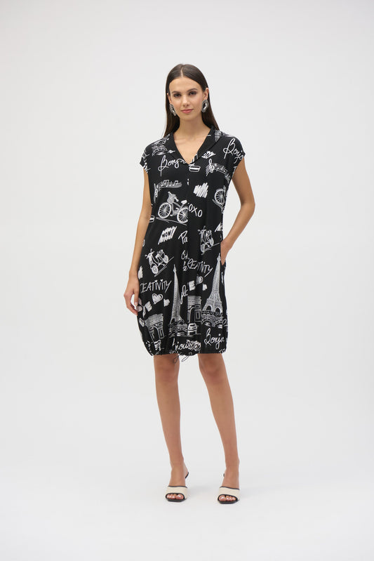 Womens Joseph Ribkoff Mini Shift Drawstring Dress in Black/Vanilla