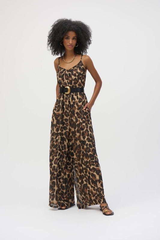 Womens Joseph Ribkoff Chiffon Animal Printed Jumpsuit in Beige/Black