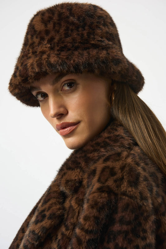 Womens Joseph Ribkoff Animal Print Faux Fir Bucket Hat in Beige/Black