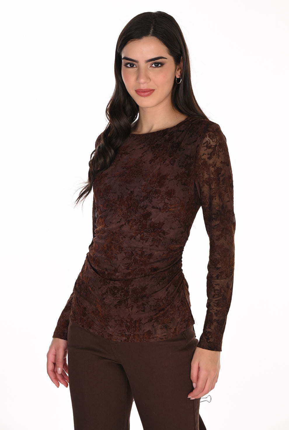 Womens Frank Lyman Textured Mesh Effect Top in Coffee