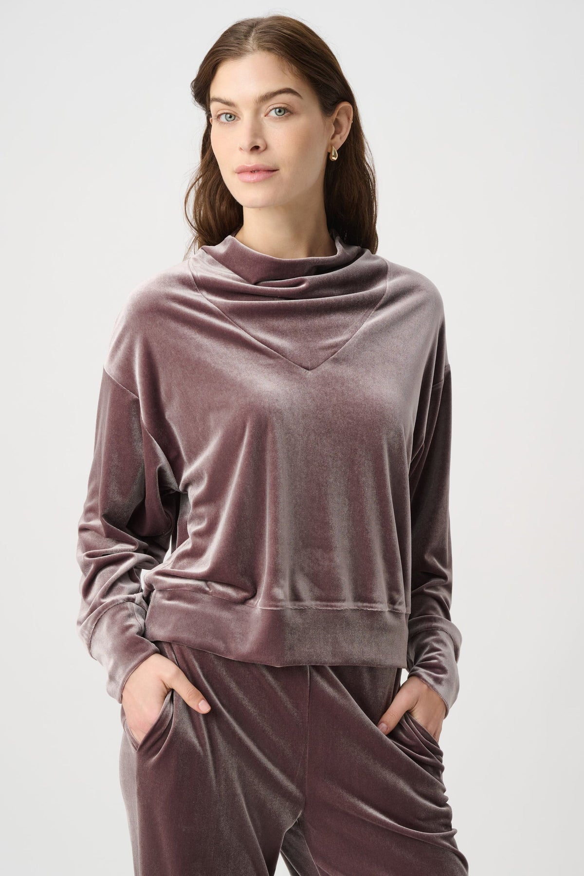 Womens Joseph Ribkoff Velvet Cowl Neck Pullover in Mink