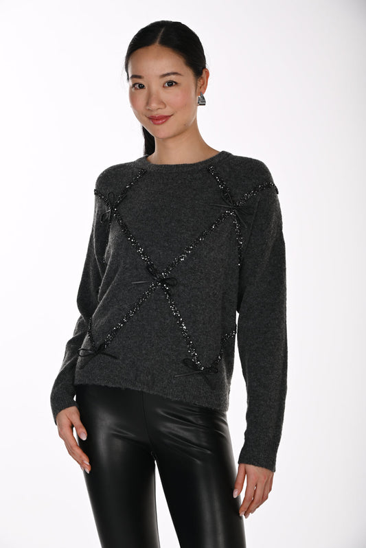 Womens Frank Lyman Jeweled Crew Neck Pullover in Grey/Black