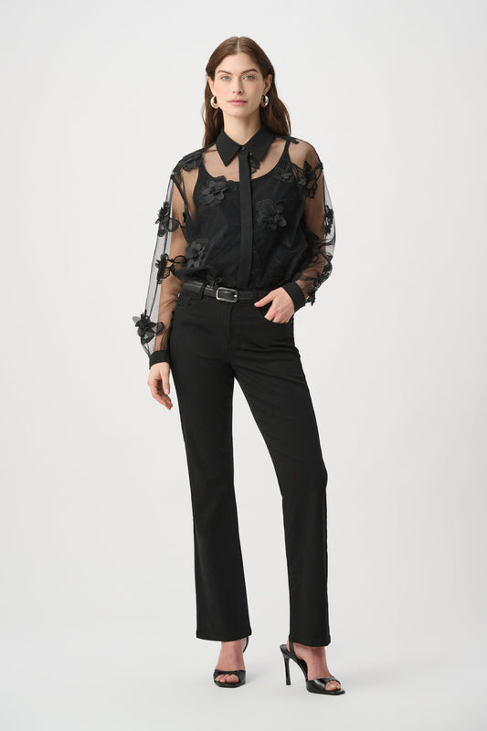 Womens Joseph Ribkoff Floral Embroidered Long Sleeve Top in Black