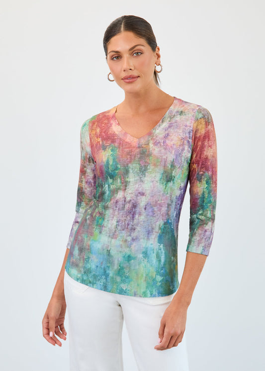 Womens FDJ 3/4 Sleeve V-Neck Top in Floral Blur