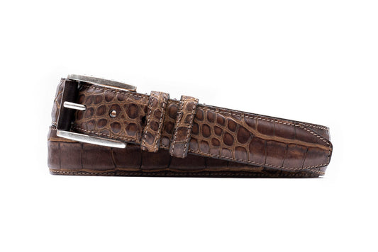 Martin Dingman Holden Italian Alligator Grain Saddle Leather Belt in Aged Bark
