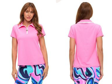 Womens Aryeh Zip Up Polo Top in Bubblegum