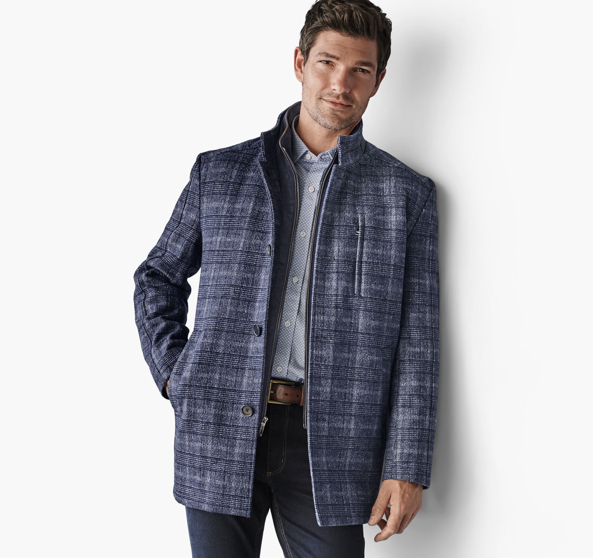 Johnston & Murphy Upton Car Coat in Navy Plaid