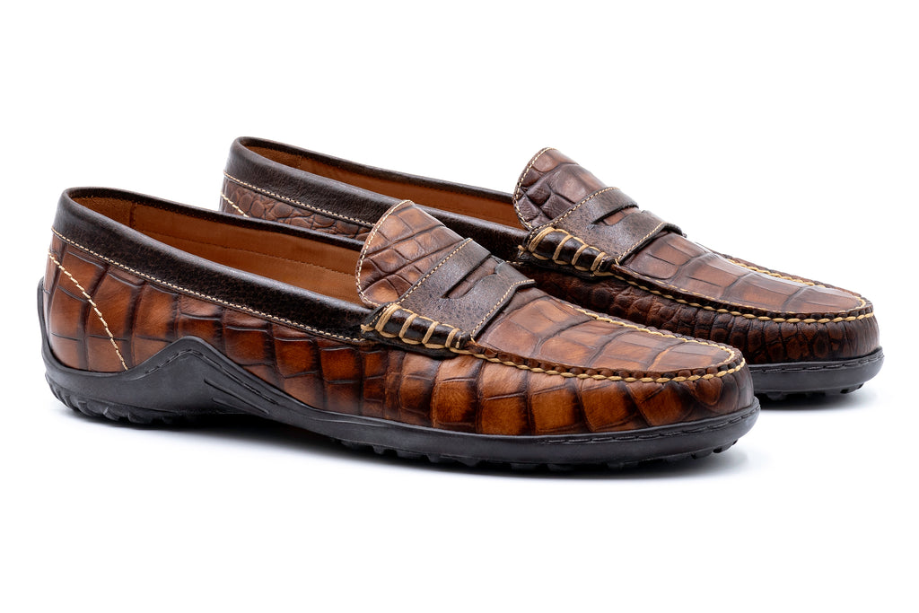 Martin Dingman Bill Alligator Grain Penny Loafer in Chestnut