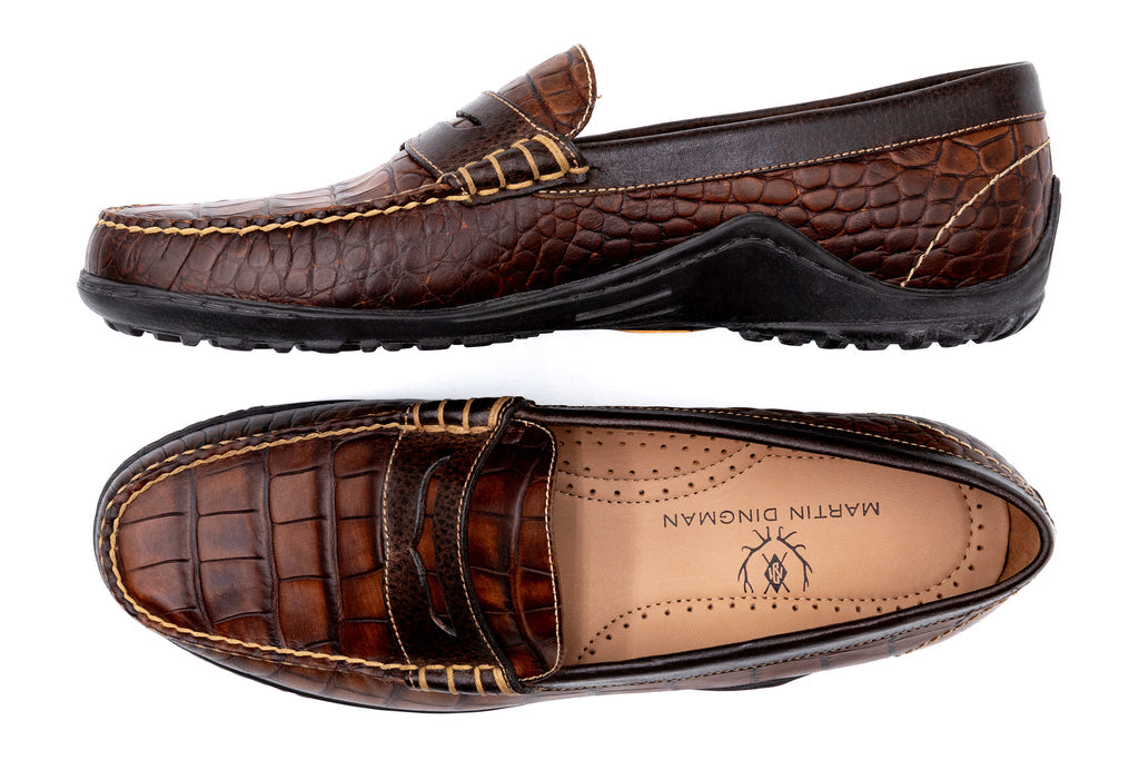 Martin Dingman Bill Alligator Grain Penny Loafer in Chestnut
