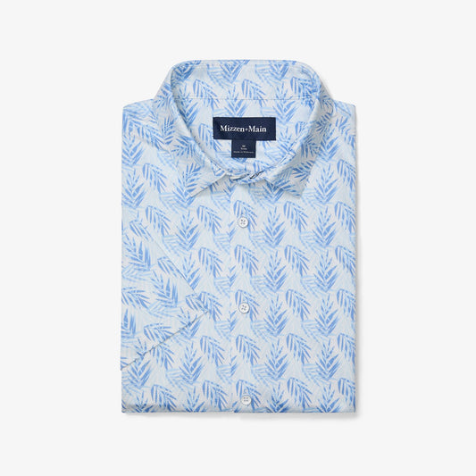 Mizzen + Main Halyard Trim Fit Short Sleeve No Tuck Sportshirt in Light Blue Palm