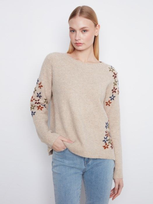 Womens Charlie B Floral Embroidered Sweater in Light Pebble