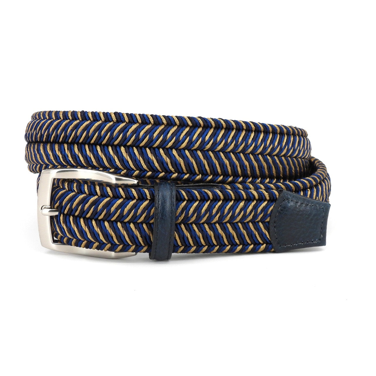 Torino Leather Italian Woven Herringbone Rayon Stretch Belt in Navy & Khaki Multi