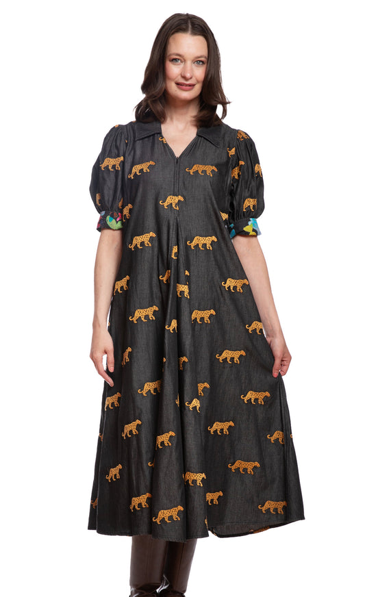Womens Dizzy Lizzie Montauk Dress in Black with Embroidered Cheetahs