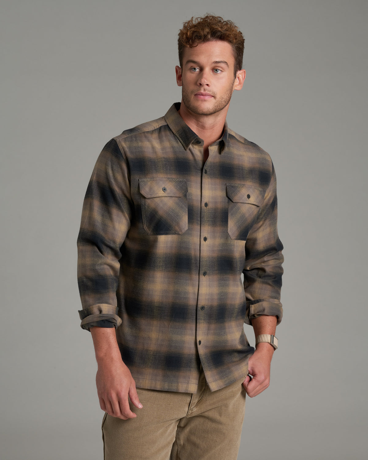 Kuhl Mens Dillingr LS Flannel Shirt in Dark Sand