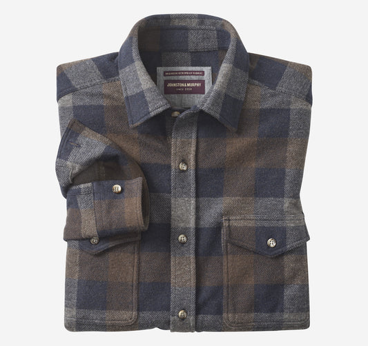 Johnston & Murphy Brushed Button Front Flannel Shirt in Navy/Brown Large Plaid