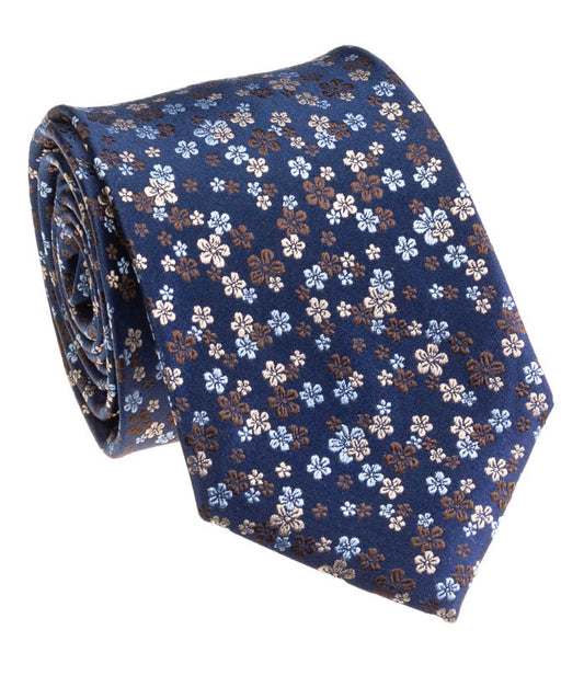 Pacific Silk 100% Silk Necktie in Blue/Taupe Flower Pattern