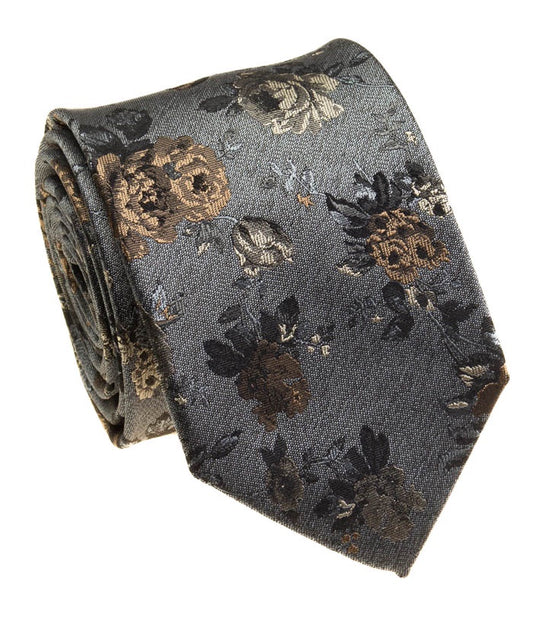 Pacific Silk 100% Silk Necktie in Grey Flower Pattern