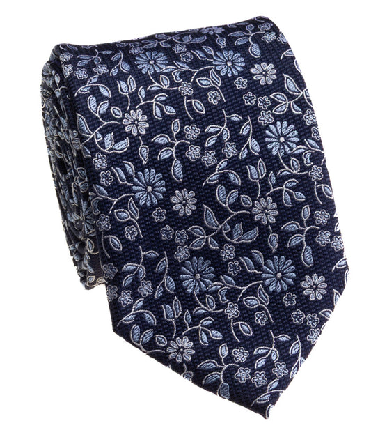 Pacific Silk 100% Silk Necktie in Dark Blue/Light Blue Floral