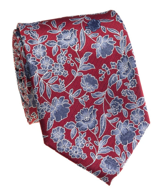 Pacific Silk 100% Silk Necktie in Red/Blue Floral