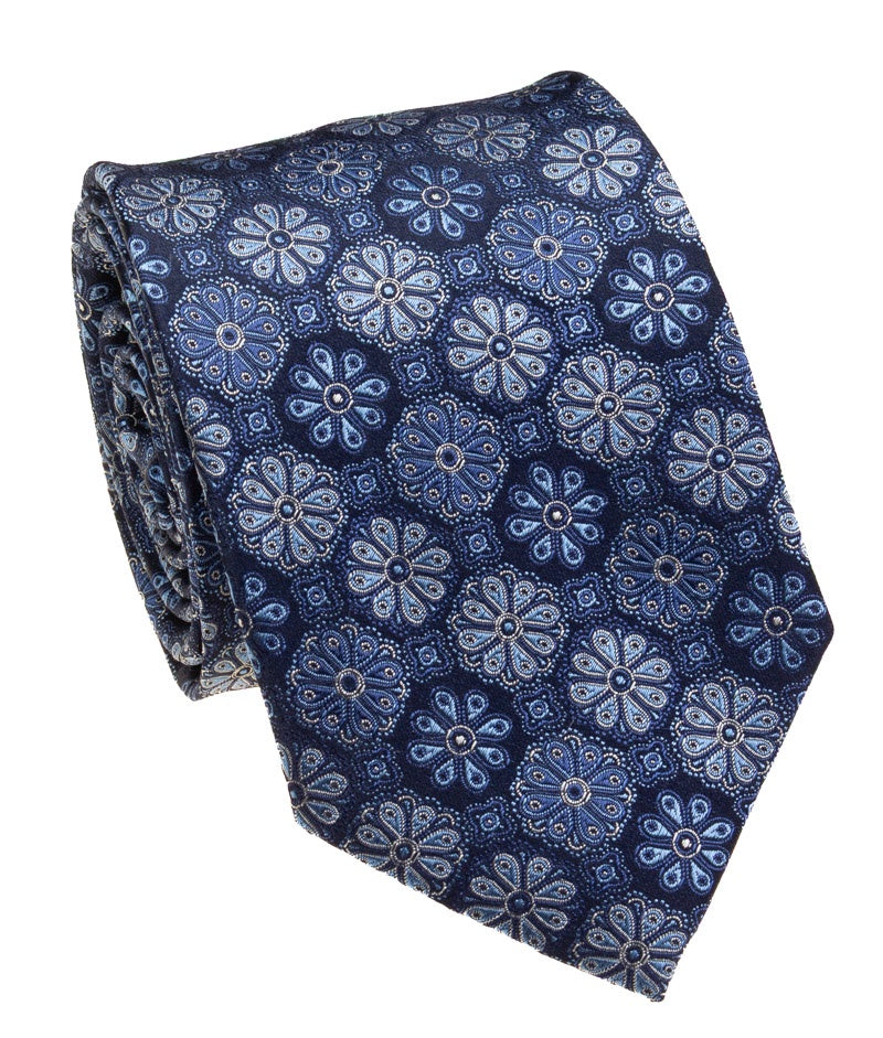 Pacific Silk 100% Silk Necktie in Navy Flower Pattern