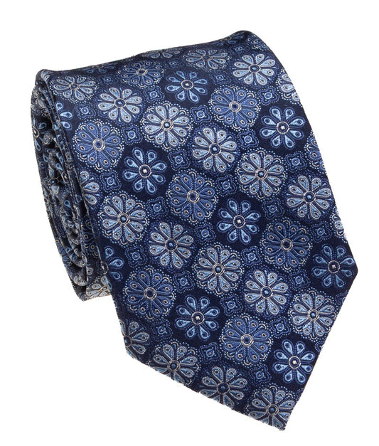 Pacific Silk 100% Silk Necktie in Navy Flower Pattern