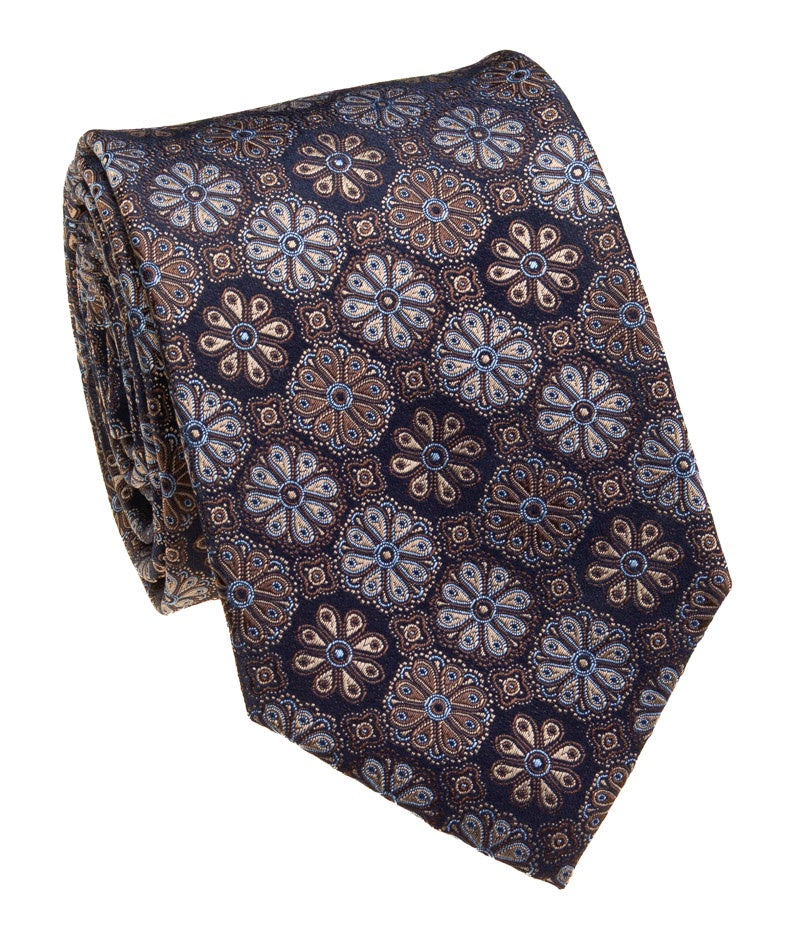 Pacific Silk 100% Silk Necktie in Navy/Bronze Flower Pattern