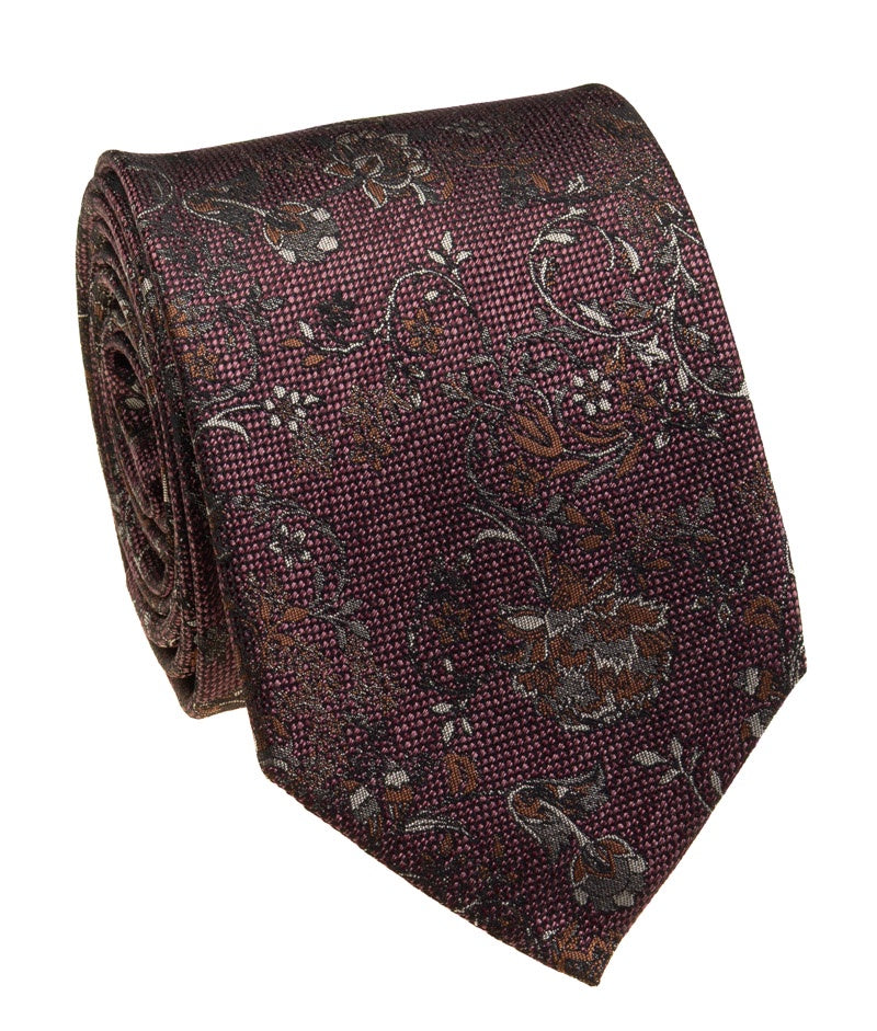 Pacific Silk 100% Silk Necktie in Berry Floral Pattern