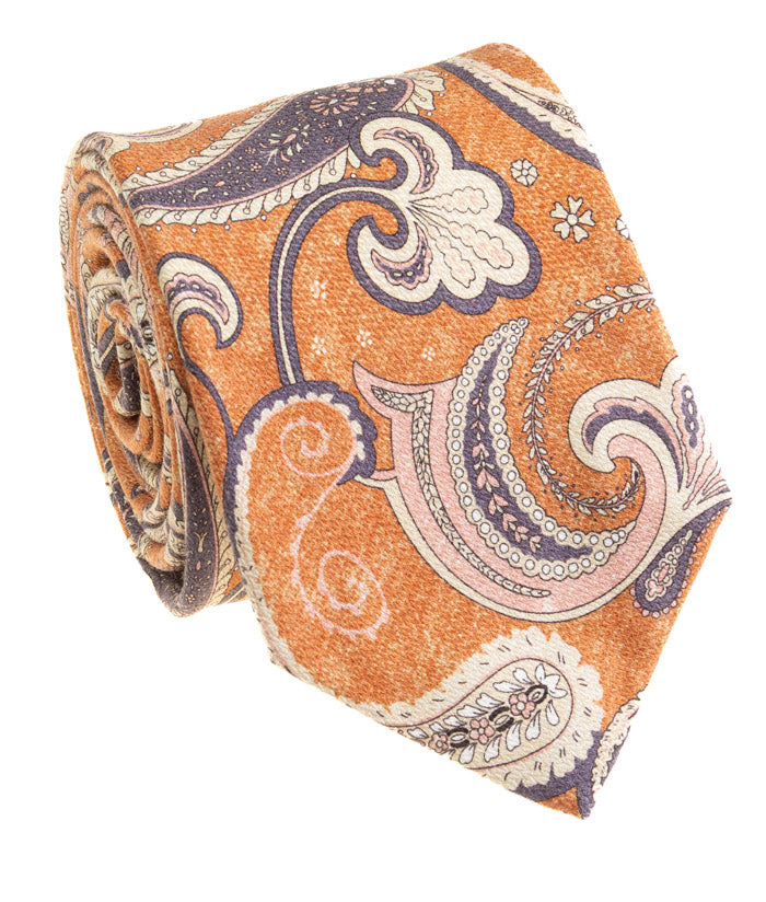 Pacific Silk 100% Silk Necktie in Orange Paisley