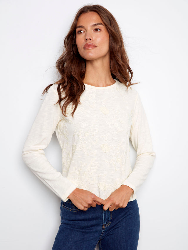 Womens Charlie B Embroidered Cotton Jersey Crew Neck Top in Ecru